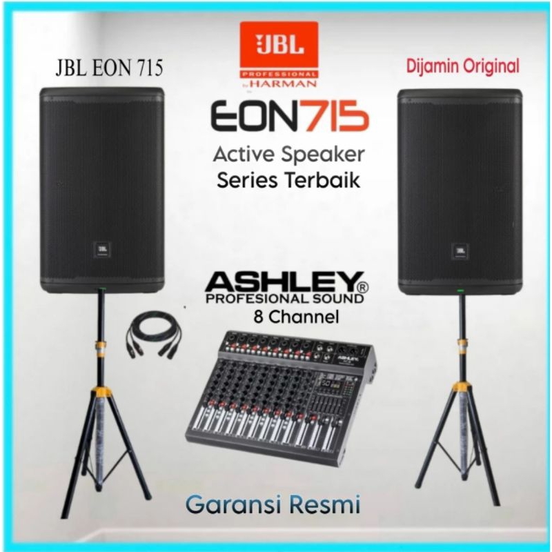 Paket Sound System Speaker Aktif JBL EON 715 Original Mixer Ashley 8 Channel USB Rekam Bluetooth Gar
