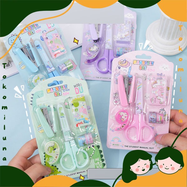 

1 set paket student stationery alat tulis sekolah cocok untuk hadiah souvenir gunting stapler mini HB1928