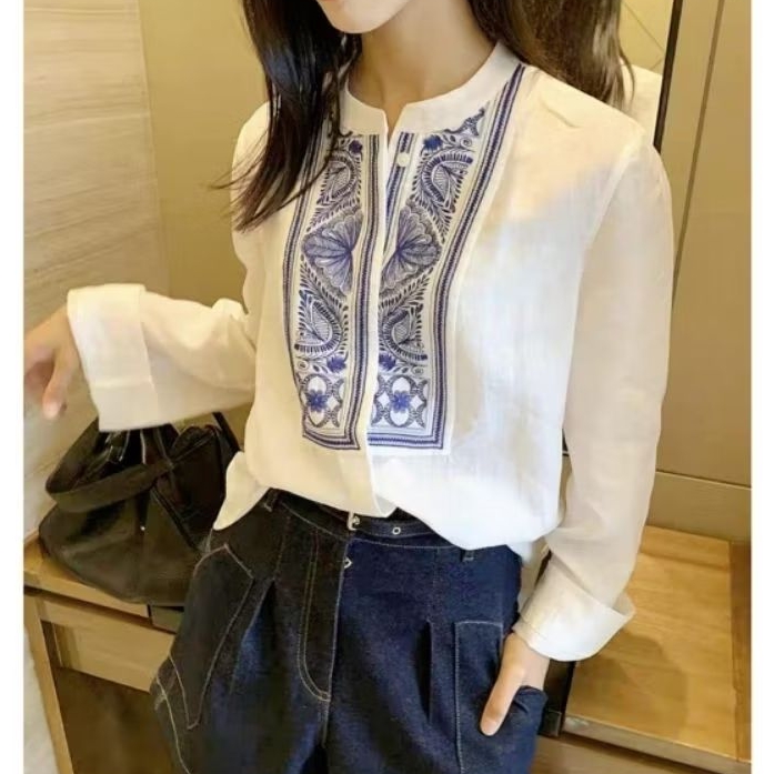 2560 Baju atasan kemeja blouse LUZY HIDDEN BUTTON EMBROIDERED BAND COLLAR putih bordir Korean style 