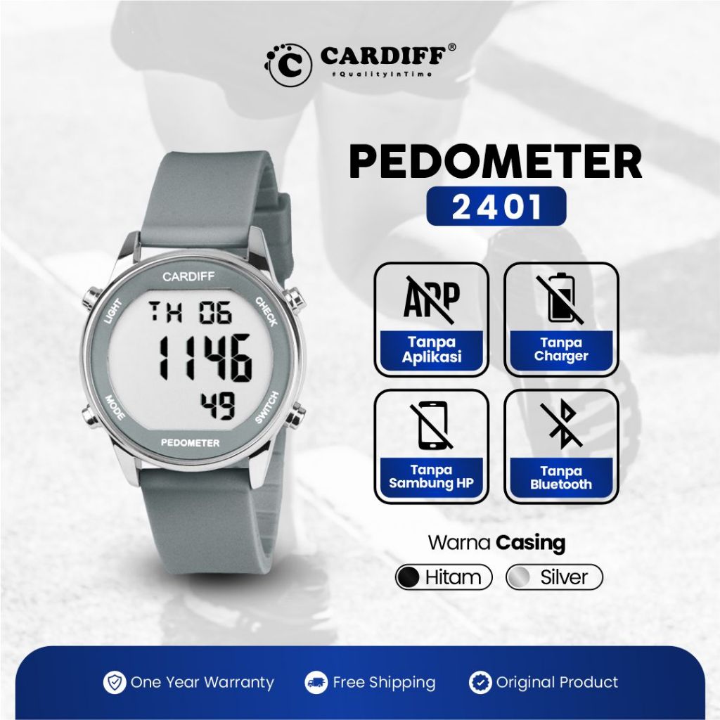 CARDIFF WATCH LCD Pedometer 2401 SIlver Series Jam Tangan Wanita