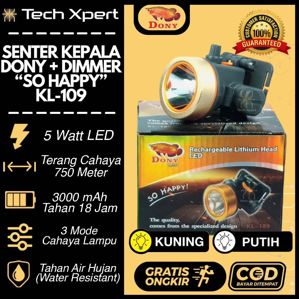 Senter Kepala Led Dony 5 Watt KL-109 "SO HAPPY" Ori Tombol Dimmer Ringan & Kuat Outdoor (Mini Kecil)