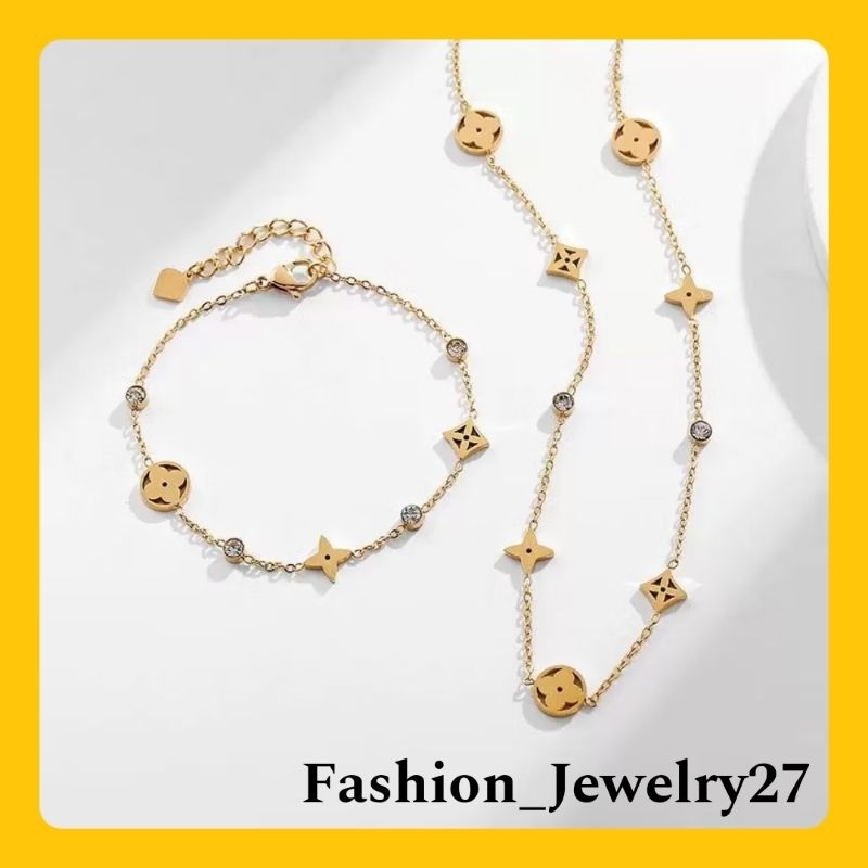 New Set Perhiasan Kalung+Gelang Fashion Wanita Titanium Model Lv Anti Luntur