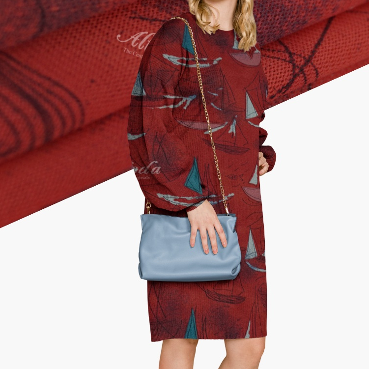 Stretch Tulle Merah Motif Perahu Biru Putih