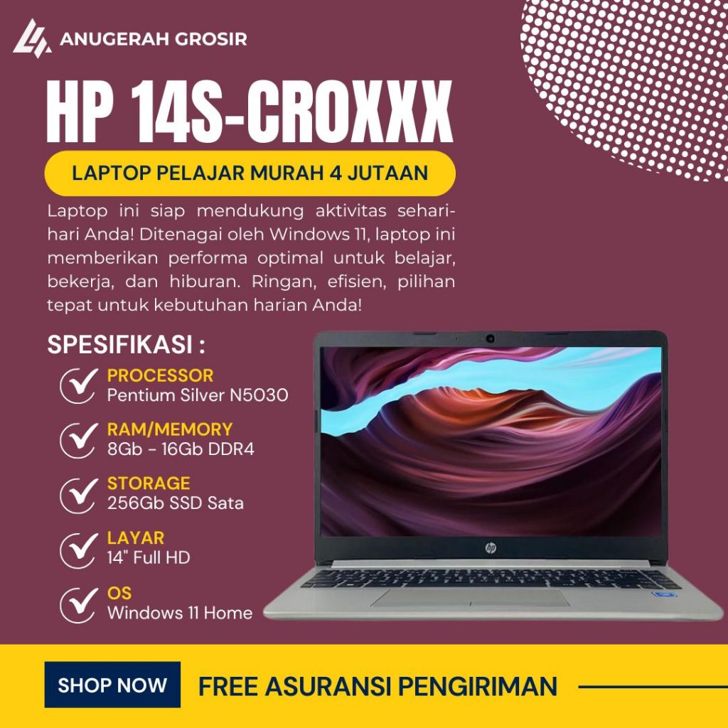 Laptop 4 Jutaan HP 14s-CR0XXX Intel Pentium N5030 Ram 16Gb SSD 256GB 14" FHD Windows 11