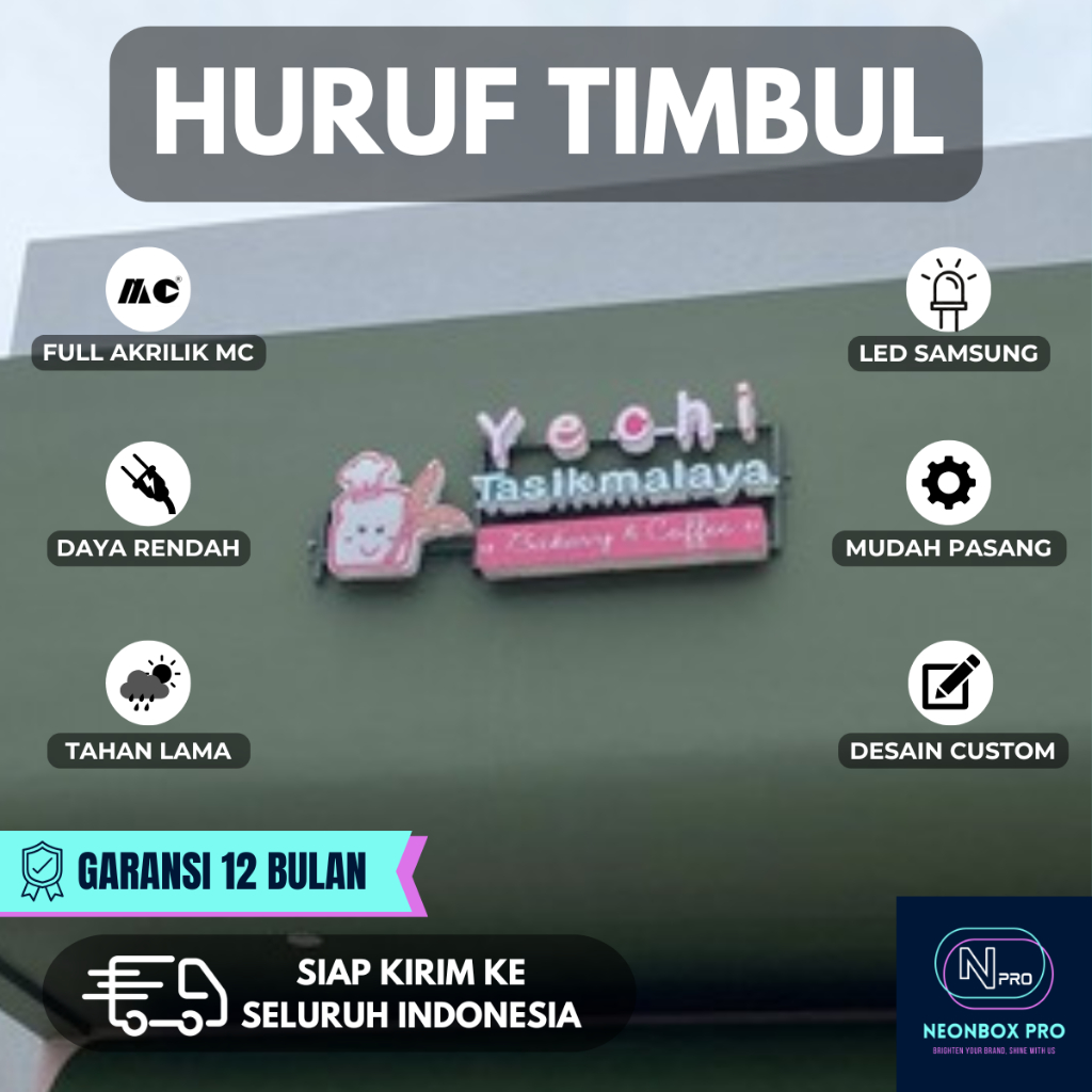 Huruf Timbul Menyala Bahan Akrilik Stainless Plat Besi Huruf Timbul LED Indoor / Outdoor Untuk Usaha