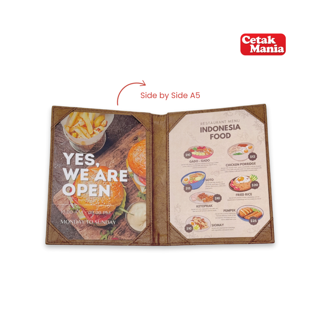 

Buku Menu Kulit Side By Side Untuk Restoran, Coffee Shop Dan Cafe Ukuran Isi A5 - Menu Cover