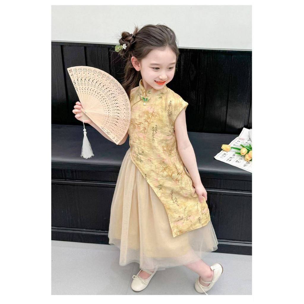 Cheongsam Gold Anak Perempuan Setelan Rok Imlek CNY Qibao