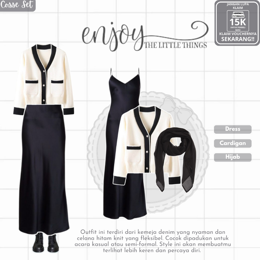 MC - 37 | OUTFIT FEMINIM & KEKINIAN ( Slip Dress Satin Hitam, Cardigan Korean Style Saku, Hijab )