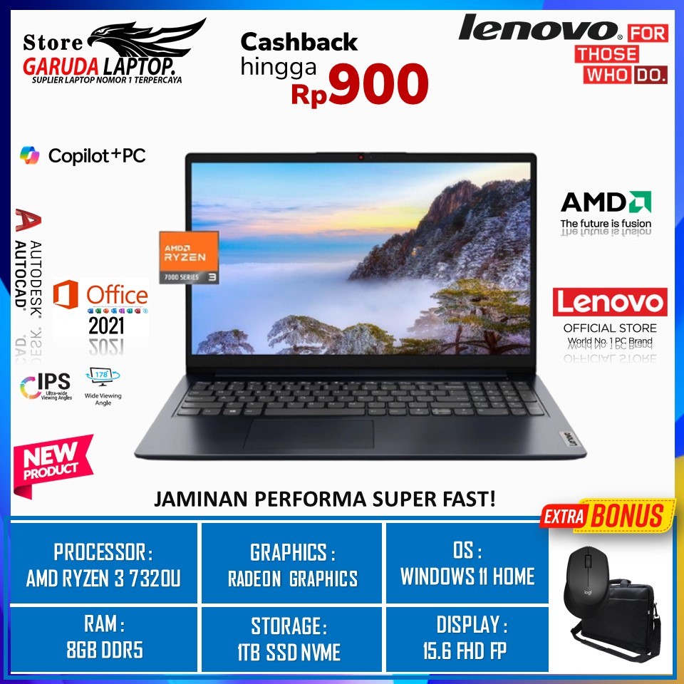 LAPTOP LENOVO IDEAPAD SLIM 1 15 AMD RYZEN 3 7320U 8GB 1TB 15.6 FHD WIN11HOME BLUE