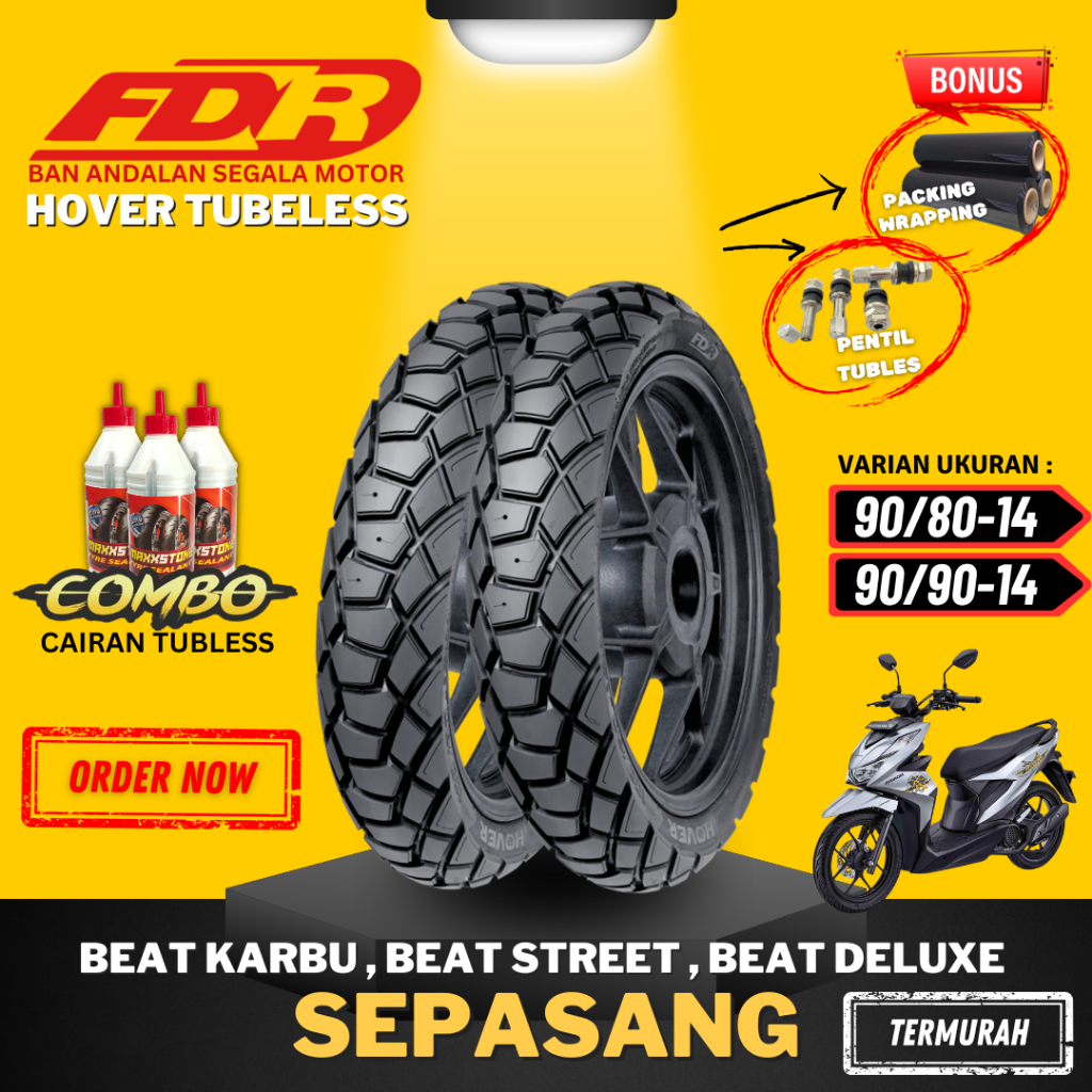 PROMO [COMBO SEPASANG] BAN FDR TUBELESS HOVER RING 14 / BAN LUAR FDR HOVER RING 14 ( 90/80-14 /
