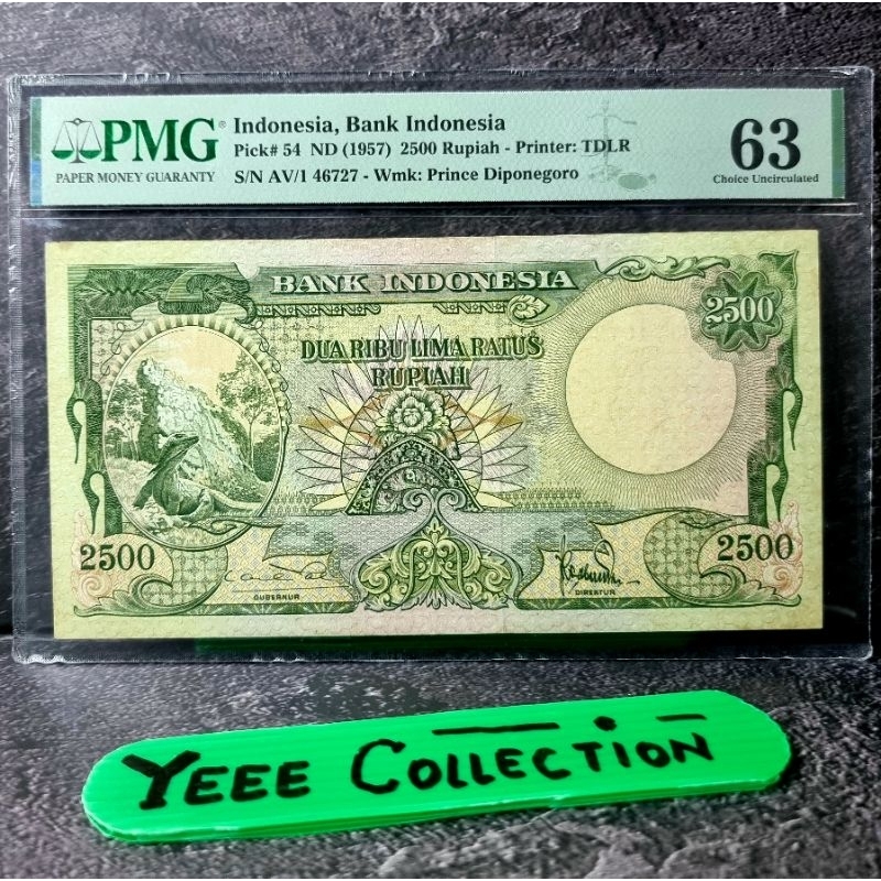 Uang Kertas Kuno 2500 Rupiah Komodo PMG 63 Tahun 1957 - AV/1 46727