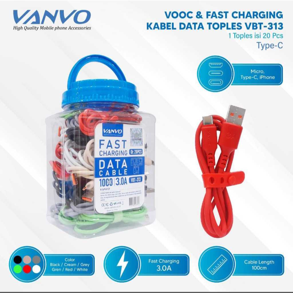VANVO Kabel data Toples 3A USB TO TYPE C fast charging VBT-313 isi 20pcs