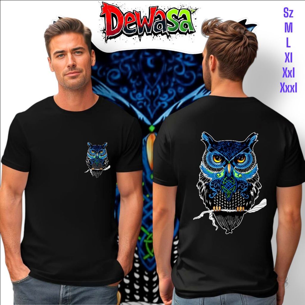 BAJU KAOS PRIA DEWASA MOTIF BURUNG HANTU 2 SISI BAHAN ADEM SABLON HIGH QUALITY