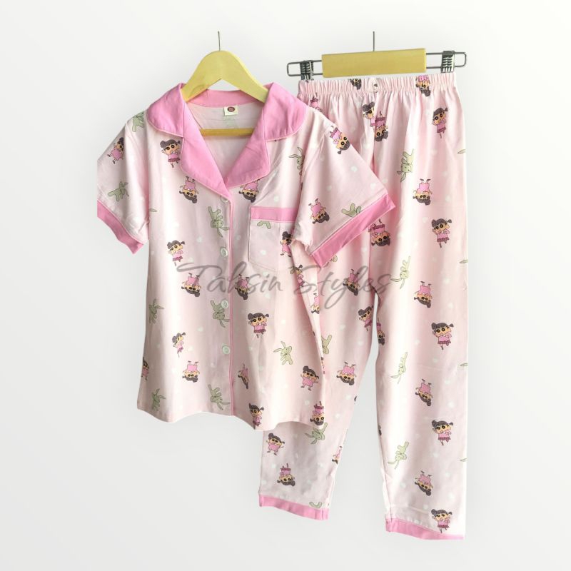 Piyama Kerah Anak Perempuan PREMIUM Usia 8-9 tahun | CP Kancing Motif Nene Shinchan pink | Baju Tidu