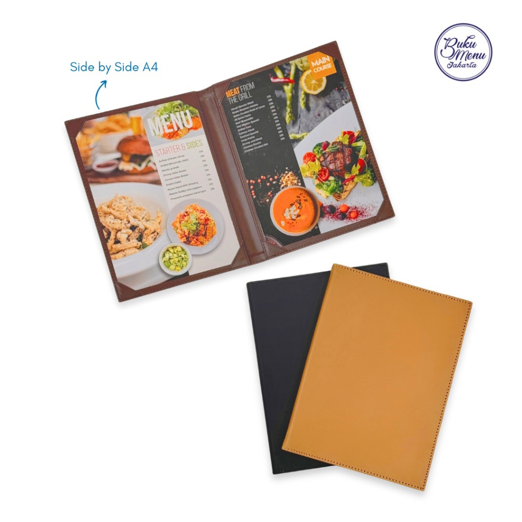 

Buku Menu kulit coklat tua, coklat muda, hitam model side by side (kanan dan kiri) ukuran A4 - Restoran Hotel Cafe
