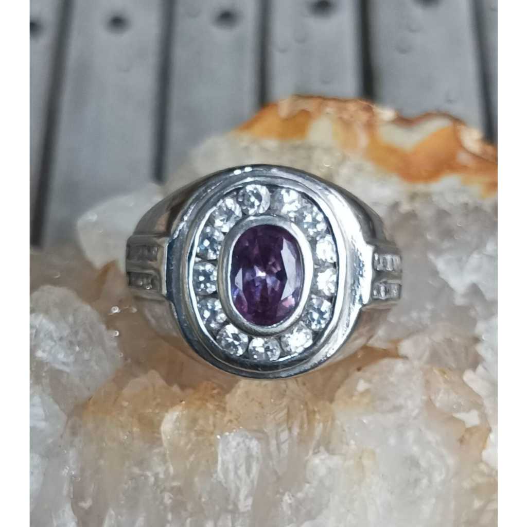 Natural Amethyst Kristal Ring Perak 925 Microseting