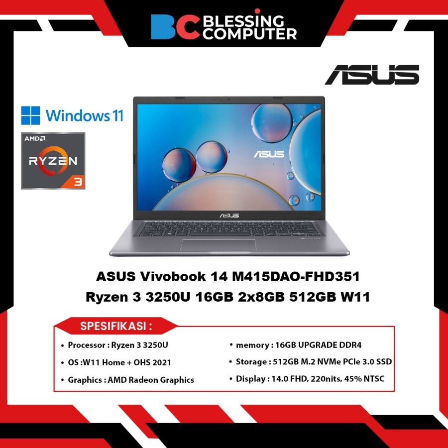 ASUS Vivobook 14 M415DAO-FHD351 Ryzen 3 3250U 16GB 2x8GB 512GB W11 Slate Grey