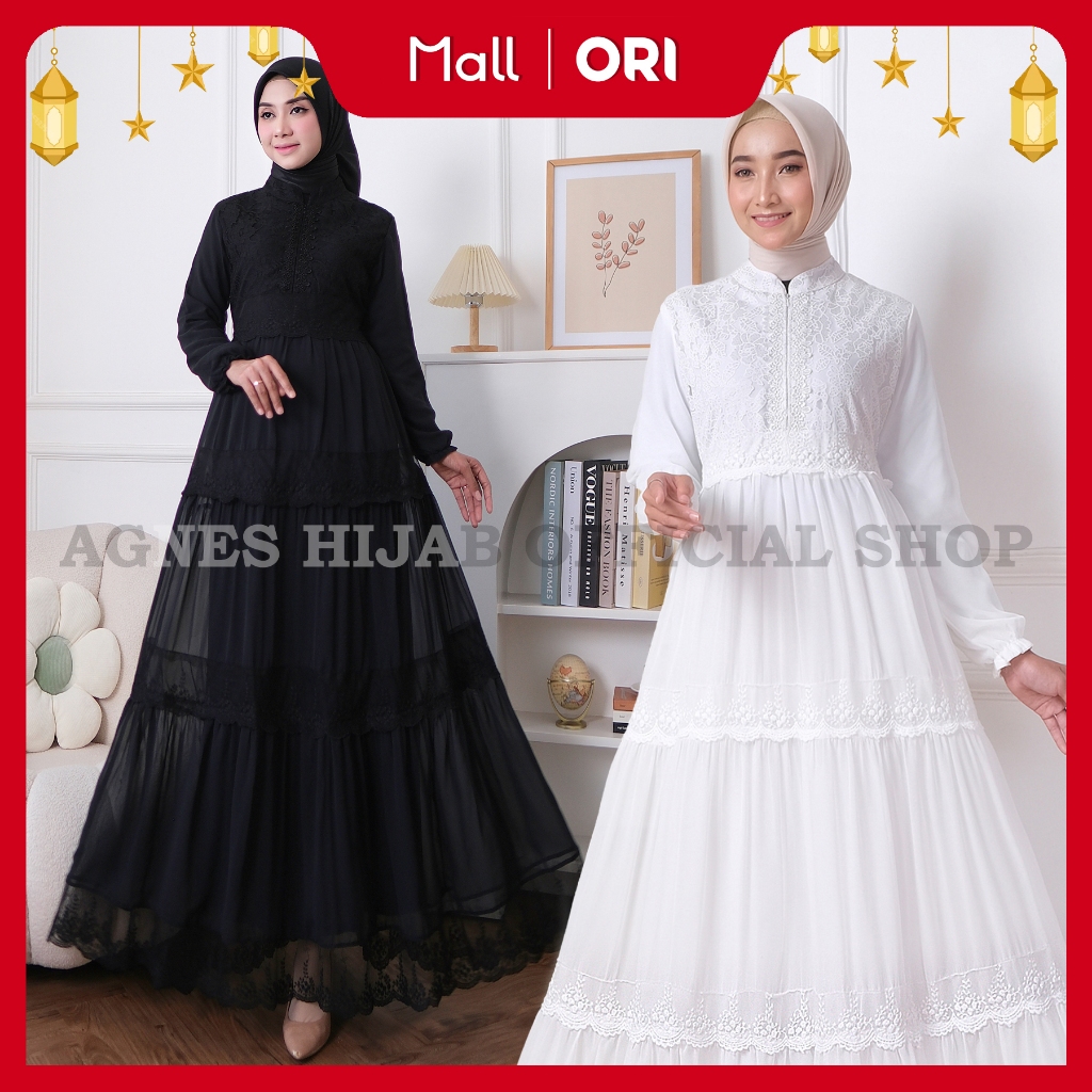 OFFICIAL Agnes Hijab - Azzahra Dress Gamis Putih Baju Lebaran 2025 Terbaru Gaun Pesta Haji Umroh