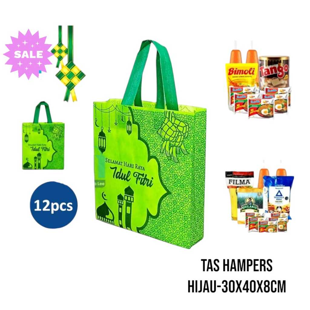 

Tas Hampers 12 Pcs Spundbond Press Tas Paket Idul Fitri Ramadhan Syukuran THR Biskuit Sirup