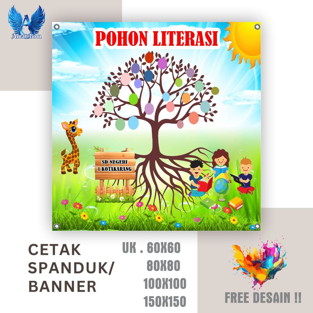 Cetak Spanduk Banner POHON LITERASI,POJOK BACA ,MAKET DAY Costom Desain
