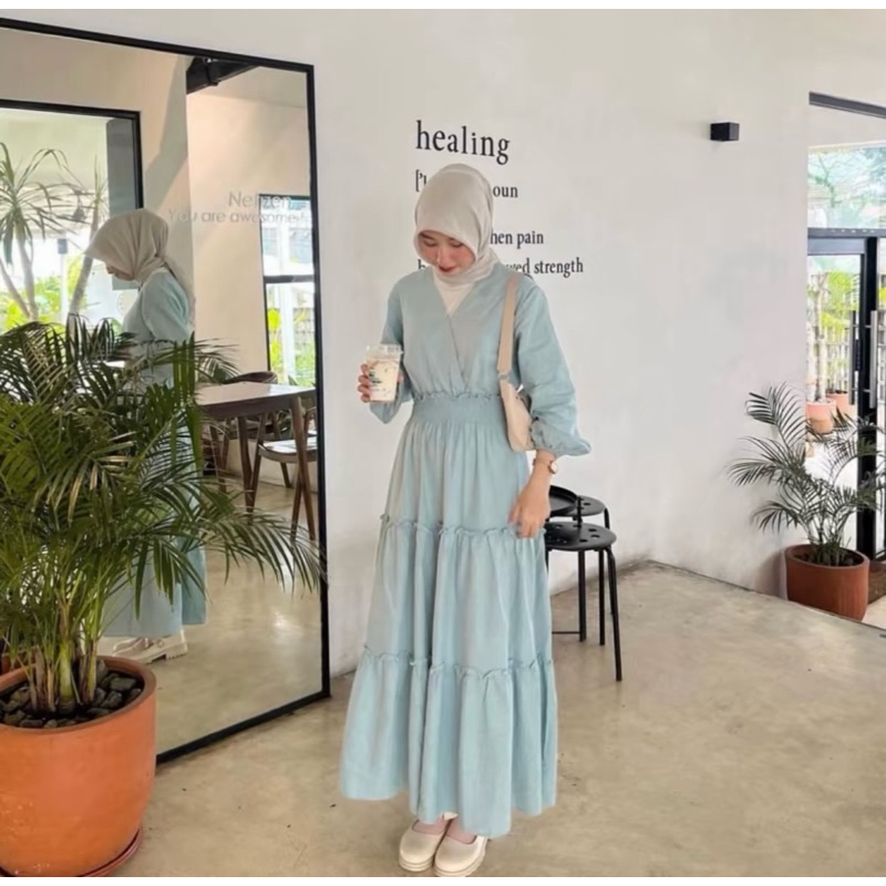 NAURA DRESS/DRESS LEBARAN/DRESS V-NECK/DRESS KOREA STYLE/DRESS LENGAN PANJANG