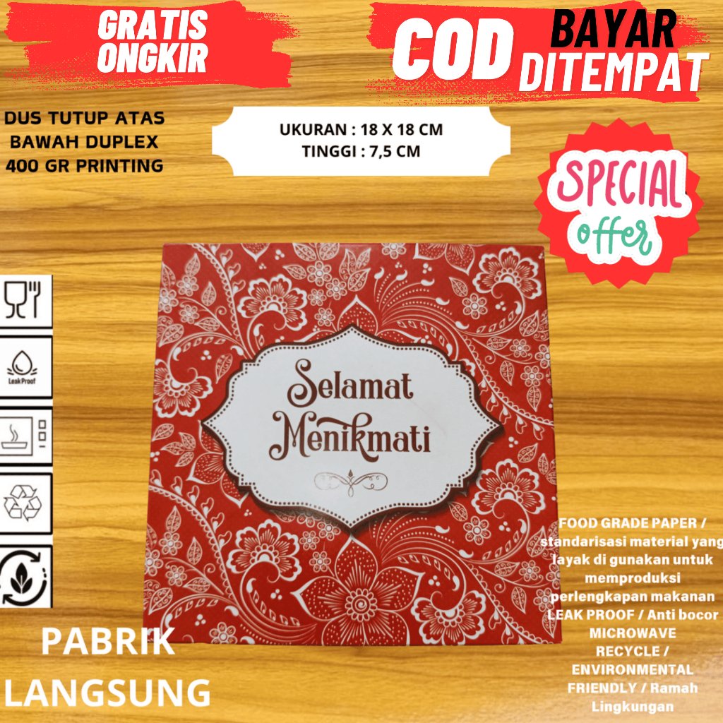 LAWRENCE ( MIN 50 PCS ) BOX NASI 18 x 18 x 7,5 CM / KOTAK NASI / DUS MAKAN / LUNCH BOX / BOX MAKAN /