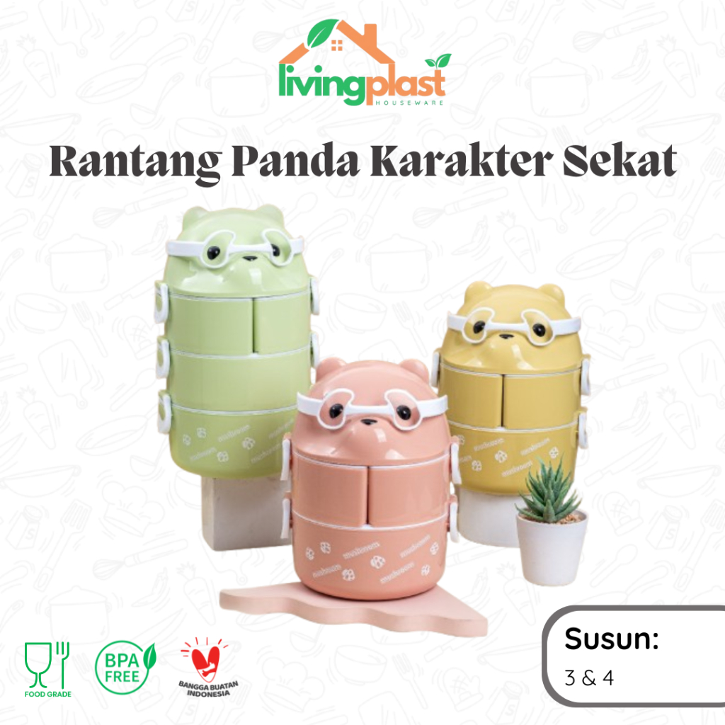 Rantang Panda Karakter Sekat Bonus Sendok Plastik / Rantang Anak Lucu / Rantang Plastik Murah