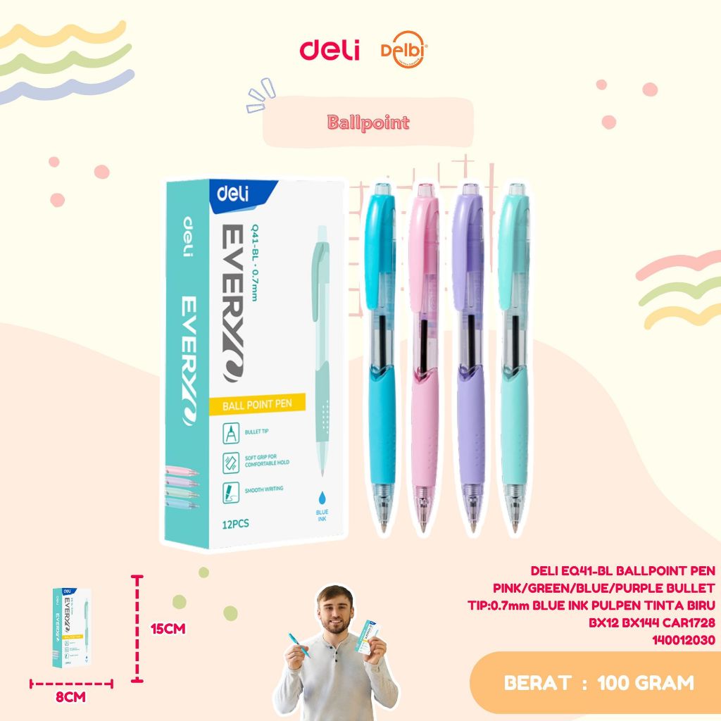 

DELI EQ41-BL BALLPOINT PEN PINK/GREEN/BLUE/PURPLE BULLET TIP:0.7mm BLUE INK PULPEN TINTA BIRU