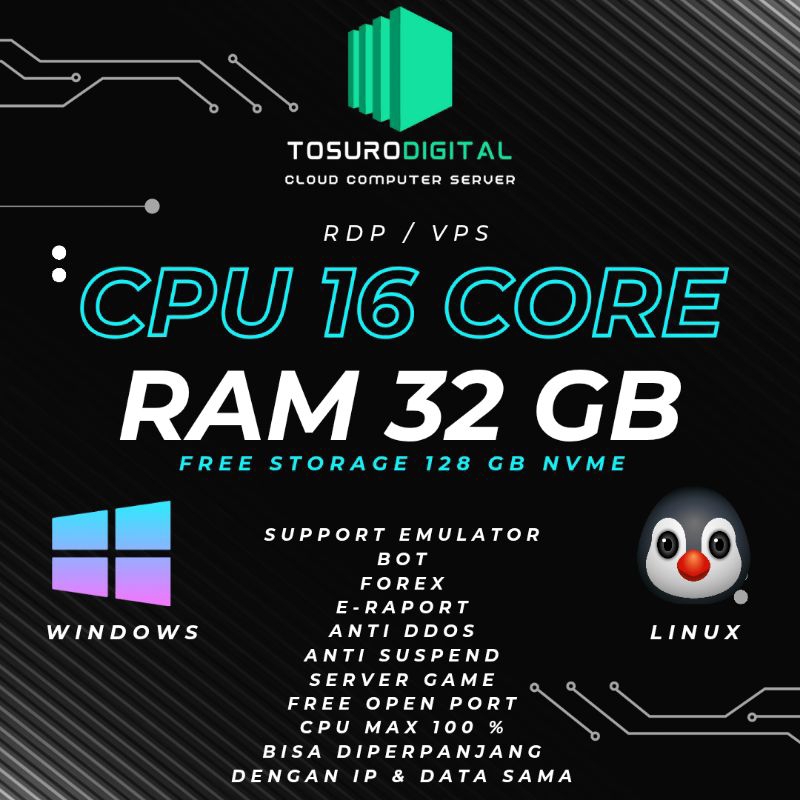 RDP VPS 16 CORE 32 GB CPU 100% ANTI SUSPEND BISA DIPERPANJANG