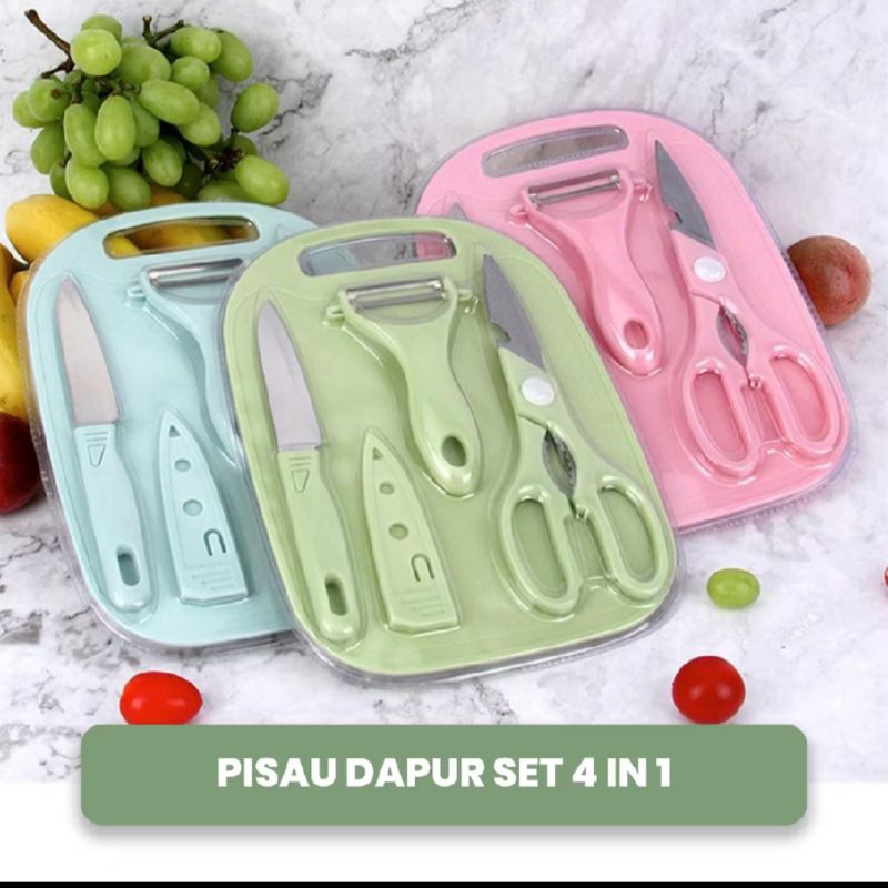 Pisau Set 4in1 Talenan Set Gunting Kupas Buah Set Talenan 4in1 Dapur
