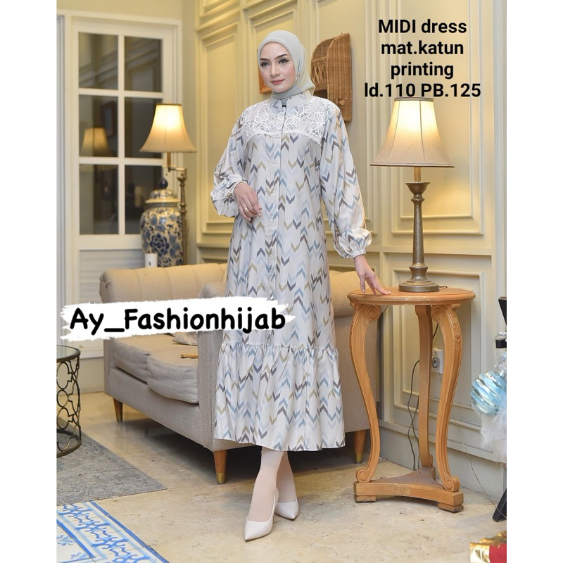 Gamis Midi Dress/ Gamis Katun Printing/ Gamis Lebaran/ Baju Raya/ Gamis Premium/ Midi Dress Katun Zi