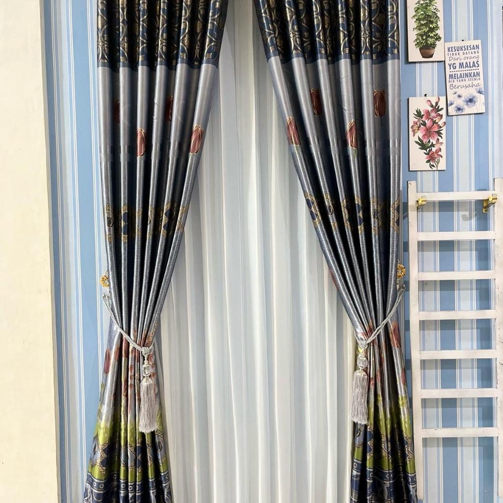 Gorden Blackout Motif Tulip Print YA05 Bunga - Merah Abu Hijau Gold Coklat Biru Curtain Jendela Pint