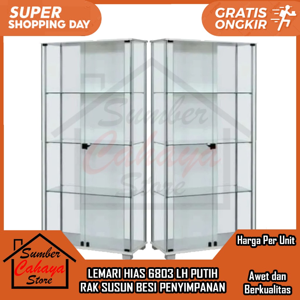 [Instant] Lh 6803 Lemari Hias Menyimpan Rak Furniture Pengaman Ukuran 100x50x180 Cm Kayu Putih Kaca 