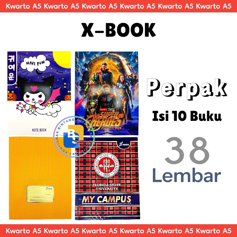 

10 buku - Buku Tulis X-BOOK 38 Lembar Kwarto Pendek A5 Campus, Sampul Coklat ,Sanrio, Labubu, Super Heroes
