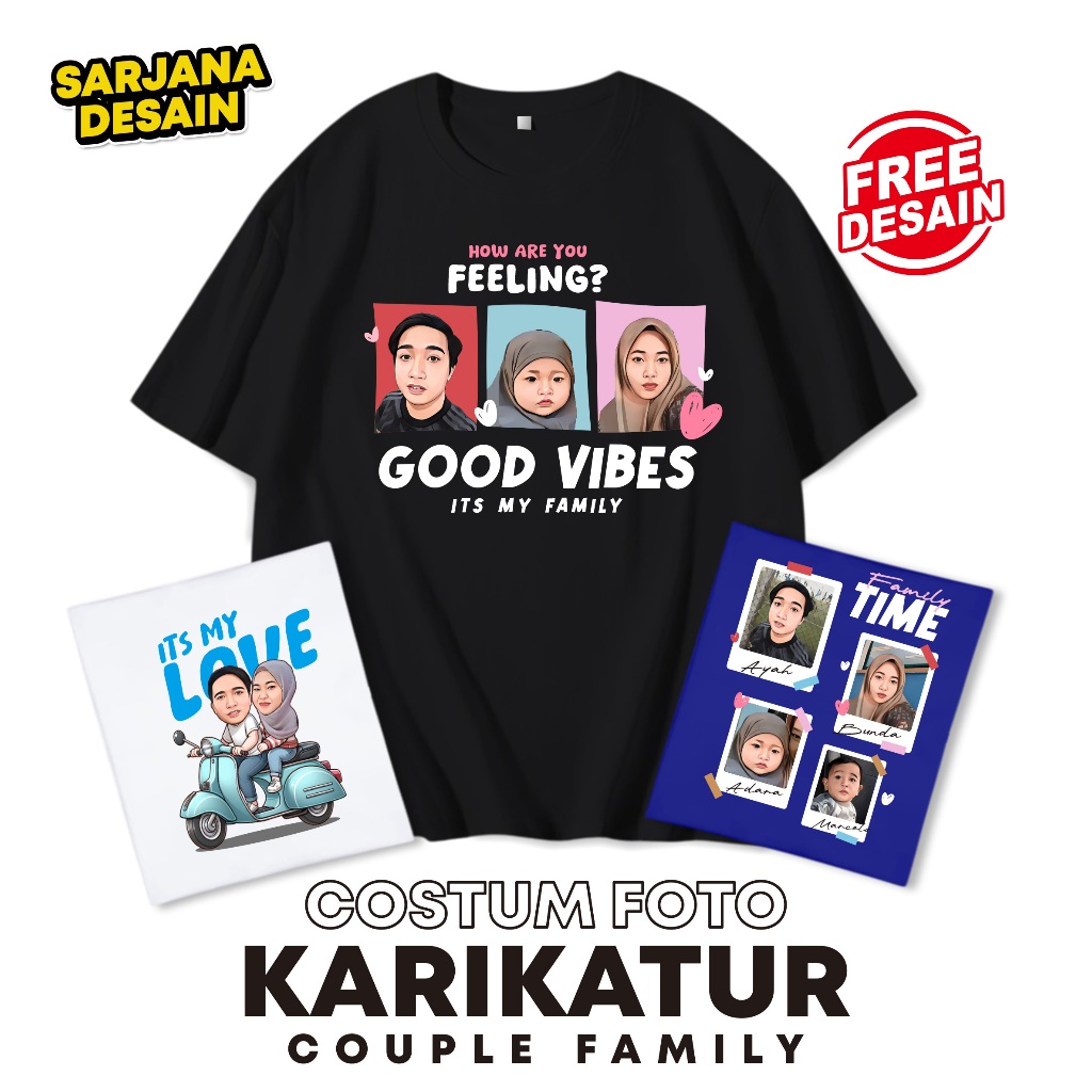 Baju kaos couple keluarga bucin custom foto karikatur
