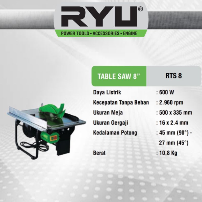RYU Table Saw RTS 8 Meja Potong Kayu 8 Inch RTS8 Mesin Gergaji Meja RYU TEKIRO