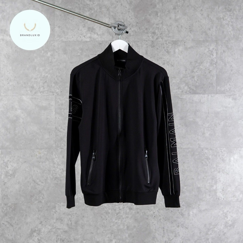 Balmain Duo Text Logo Sleeve Line Suede Zip Jacket in Black