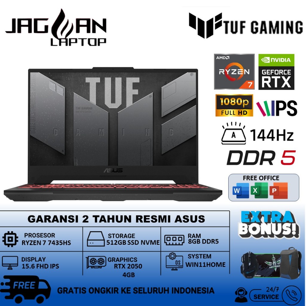 Laptop Gaming Asus Tuf A15 FA506NFR R725B1T AMD Ryzen 7 7435HS 16GB DDR5 512GB RTX2050 FHD 144Hz