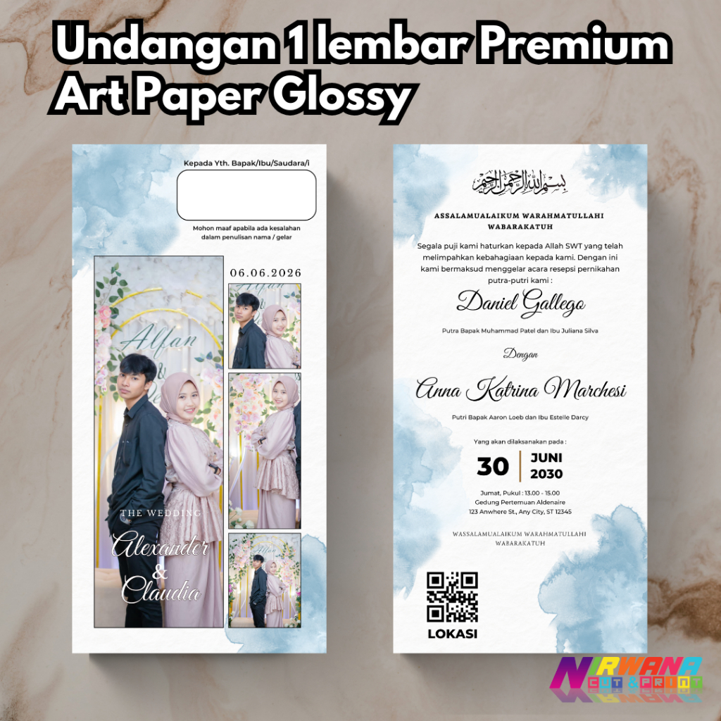Cetak Undangan Pernikahan 1 Lembar 2 Sisi | Art Paper Glossy | 10x20 cm | Desain Elegan & Eksklusif