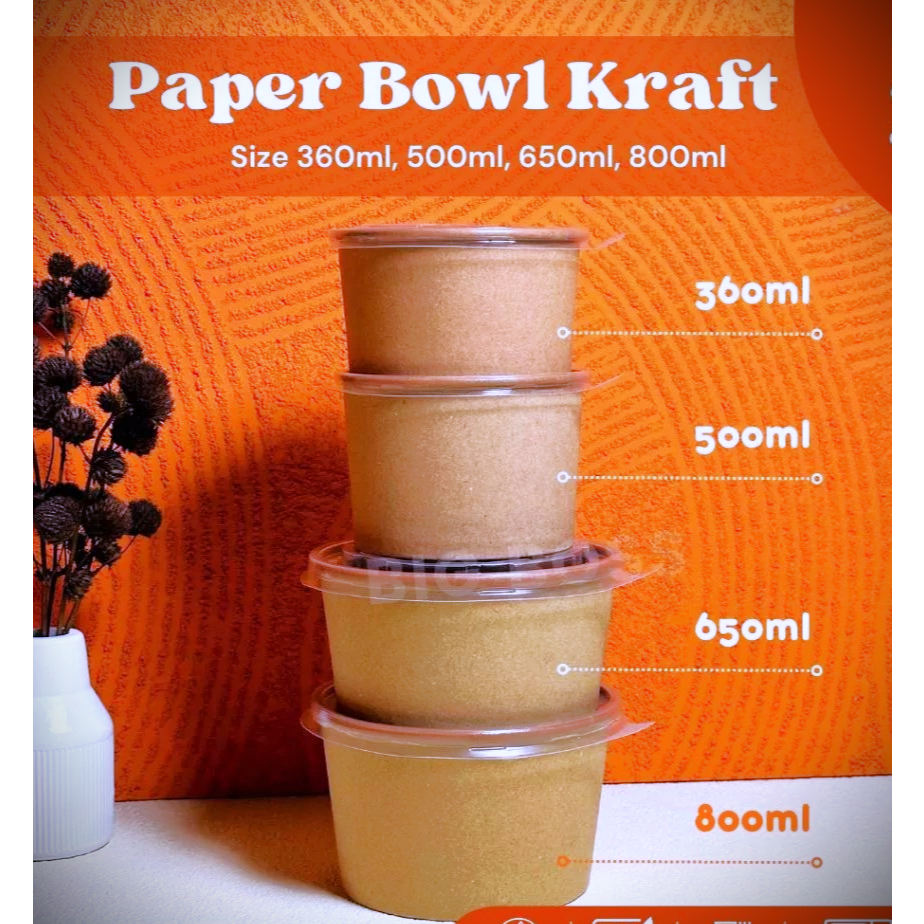 10 PCS - Paper Bowl Kraft Coklat+Tutup Laminasi Food Grade / Mangkok Kertas Rice Bowl