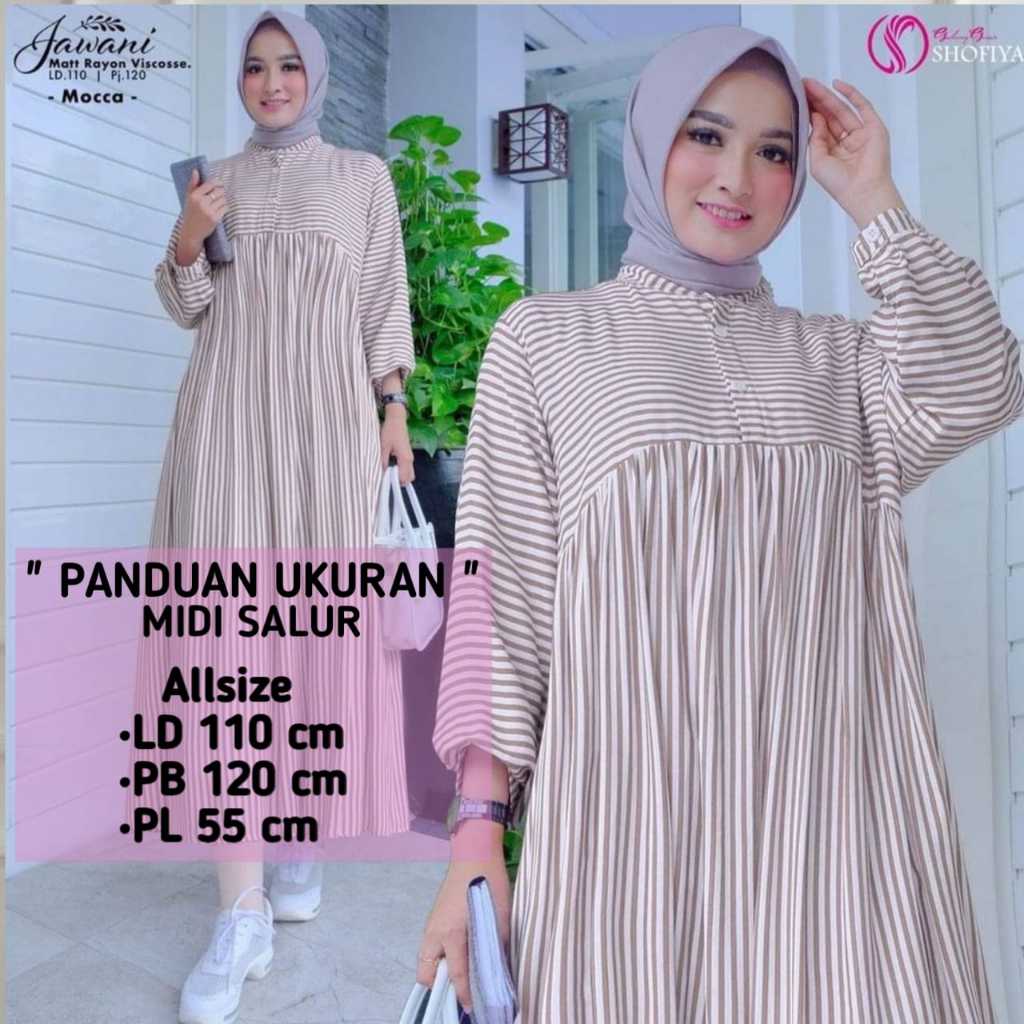 Midi Dress Muslimah Katun Rayon Premium Motif Salur Garis Garis Terbaru