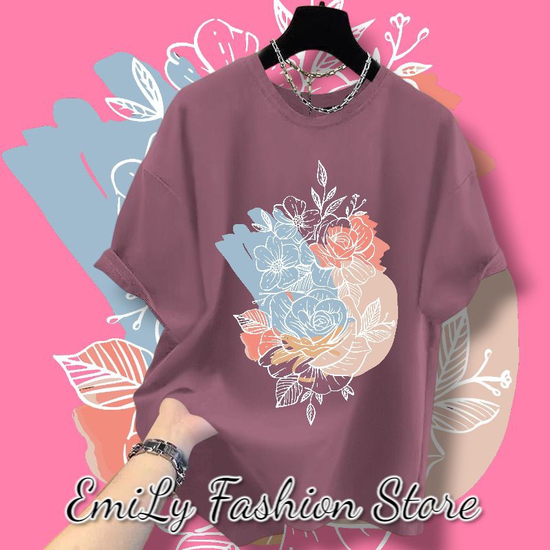 Kaos Oblong wanita dewasa ukuran bigsize jumbo motif flower dusty pink