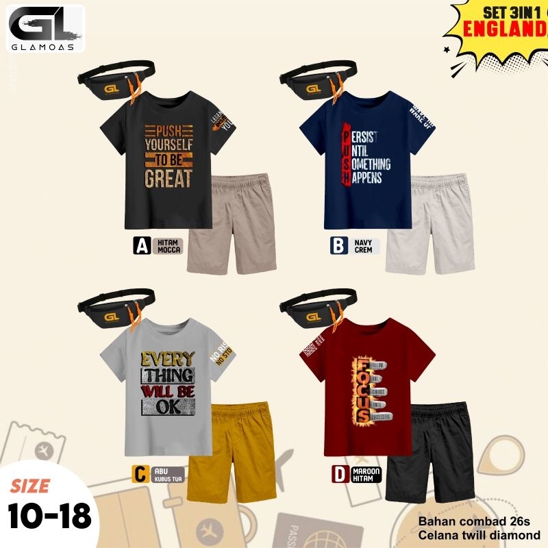 [Best Seller] Setelan Anak Cowo / Setelan Kece / Set 3in1 England Free Tas by Glamoas