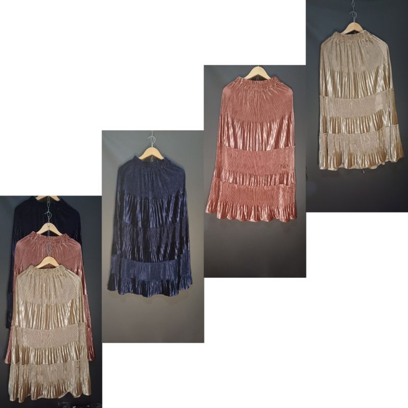 Rok Plisket Bludru Import Premium|Rok Susun 3 Bludru Velvet|Rok Plisket Gradasi Rok Wanita Bawahan  