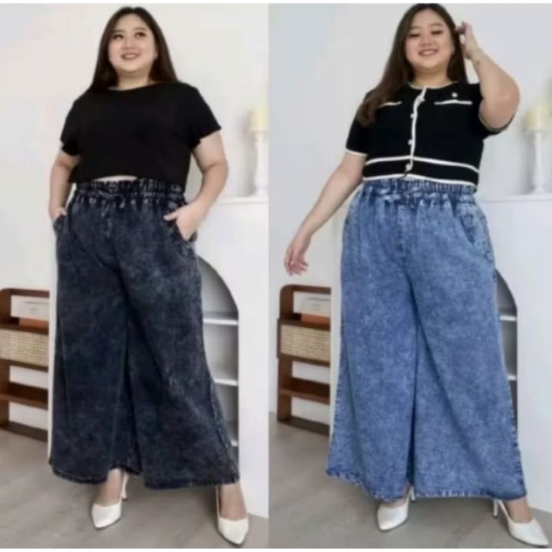 kulot jeans wanita jumbo pinggang karet, kulot jeans jumbo