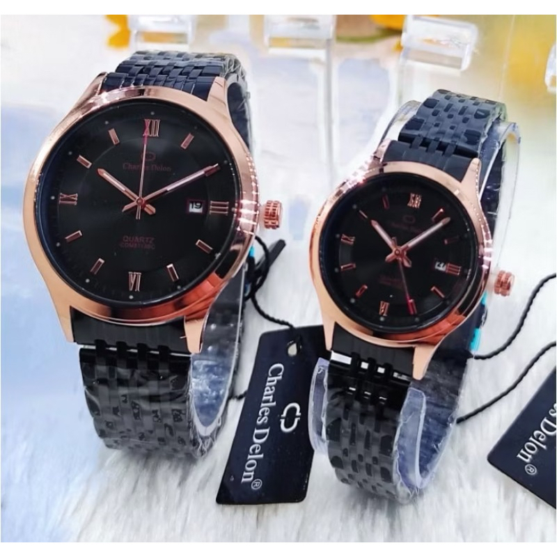 JAM TANGAN CHARLES DELON RANTAI HITAM GOLD 0211