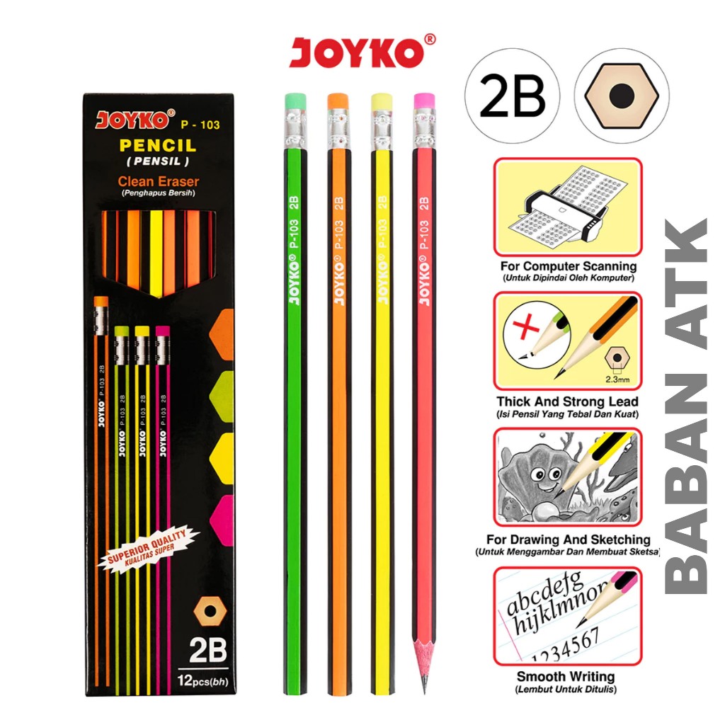 

Pencil Pensil Joyko P-103 2B 1 BOX 12 PCS dilengkapi dengan penghapus