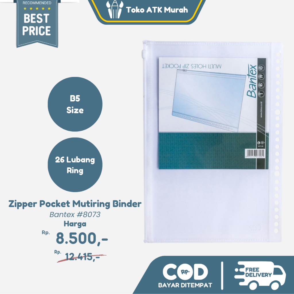 

Bantex Zipper Pocket For Mutiring Binder B5 26 Holes #8073