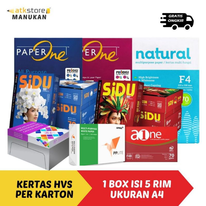 

(1 BOX PENGIRIMAN KARGO) Kertas HVS A4 70-80 gsm 1 box (5 rim) Kertas Fotocopy