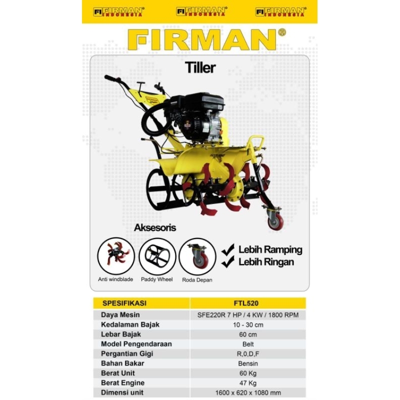 Cultivator Firman FTL520 Mesin FGE220HDR